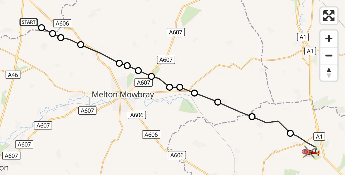 Flight route Air Ambulance Helicopter Rushcliffe - Greetham, 15 May 2026, 13:39