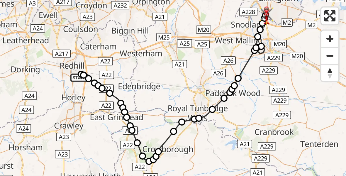 Flight route Air Ambulance Helicopter Redhill Aerodrome - Rochester Airport, 15 May 2026, 13:39