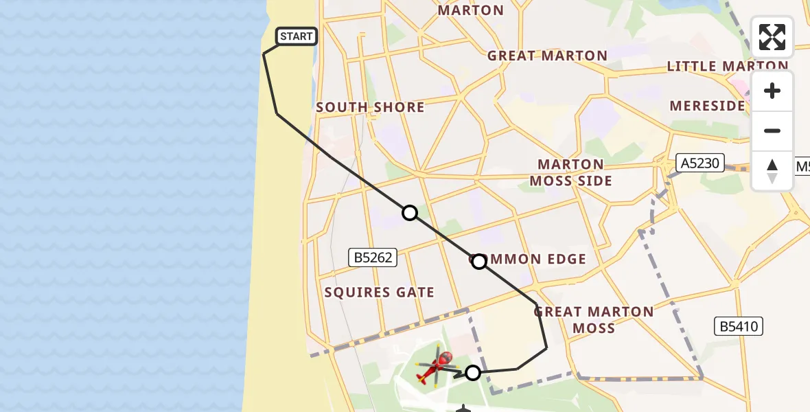 Flight route Air Ambulance Helicopter Blackpool - Blackpool Airport, 15 May 2026, 13:49