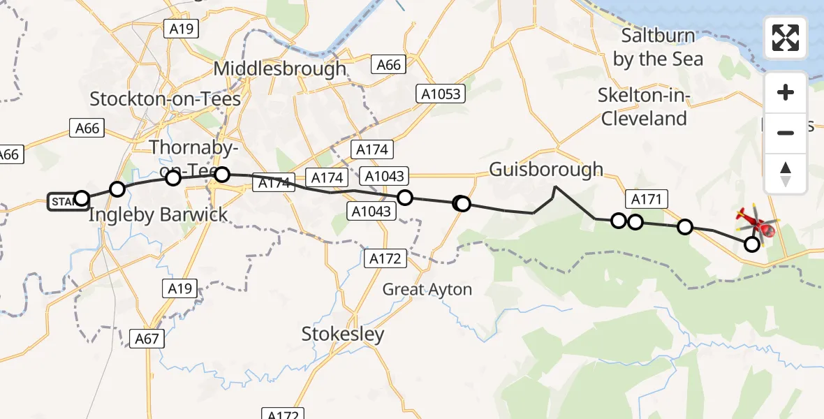 Flight route Air Ambulance Helicopter Egglescliffe - Lockwood, 15 May 2026, 13:49