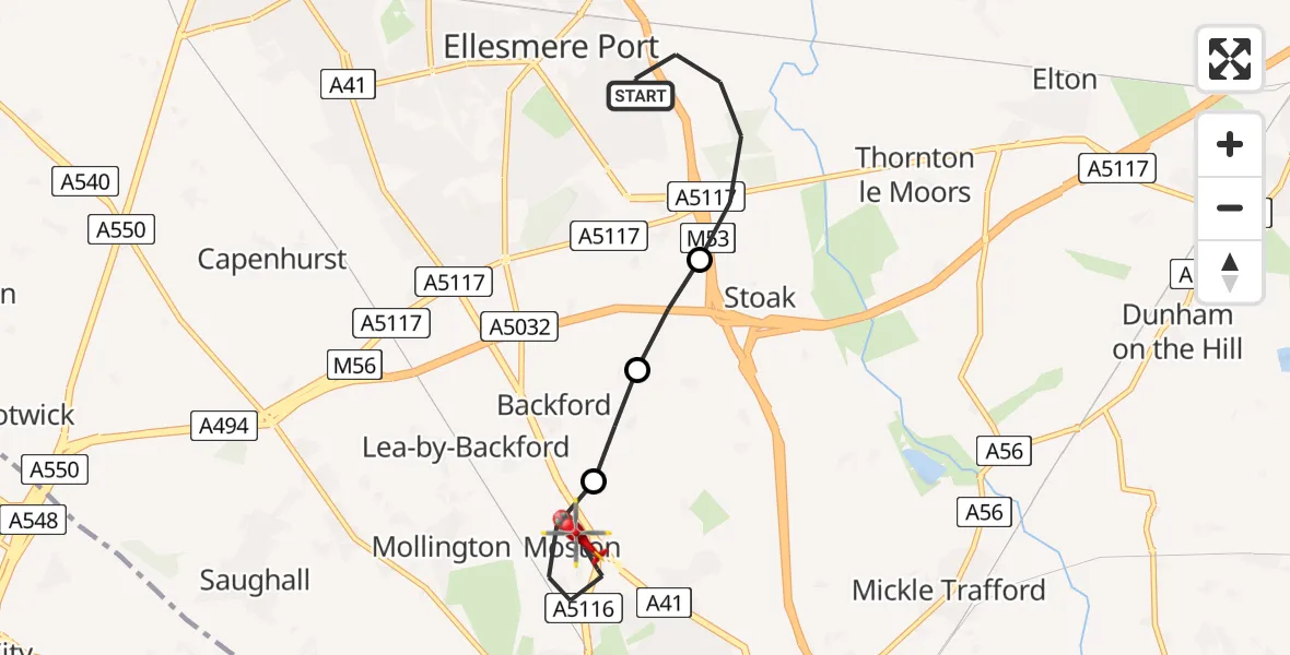 Flight route Air Ambulance Helicopter Ellesmere Port - Moston, 15 May 2026, 13:49