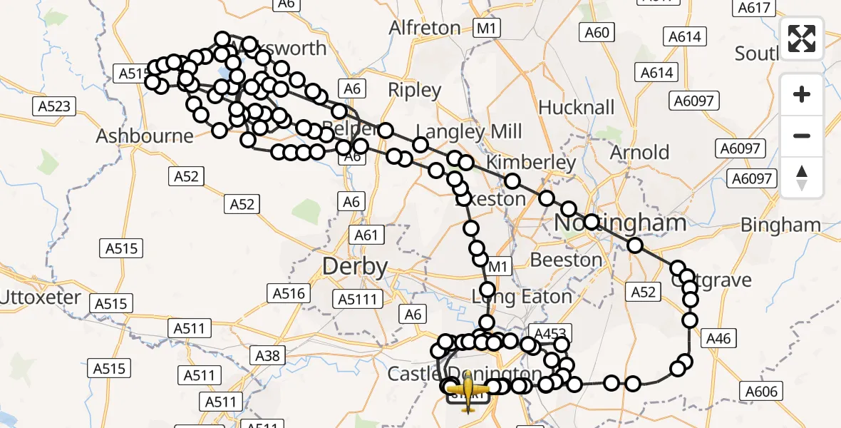 Flight route Police Aircraft East Midlands Airport - East Midlands Airport, 15 May 2026, 13:52