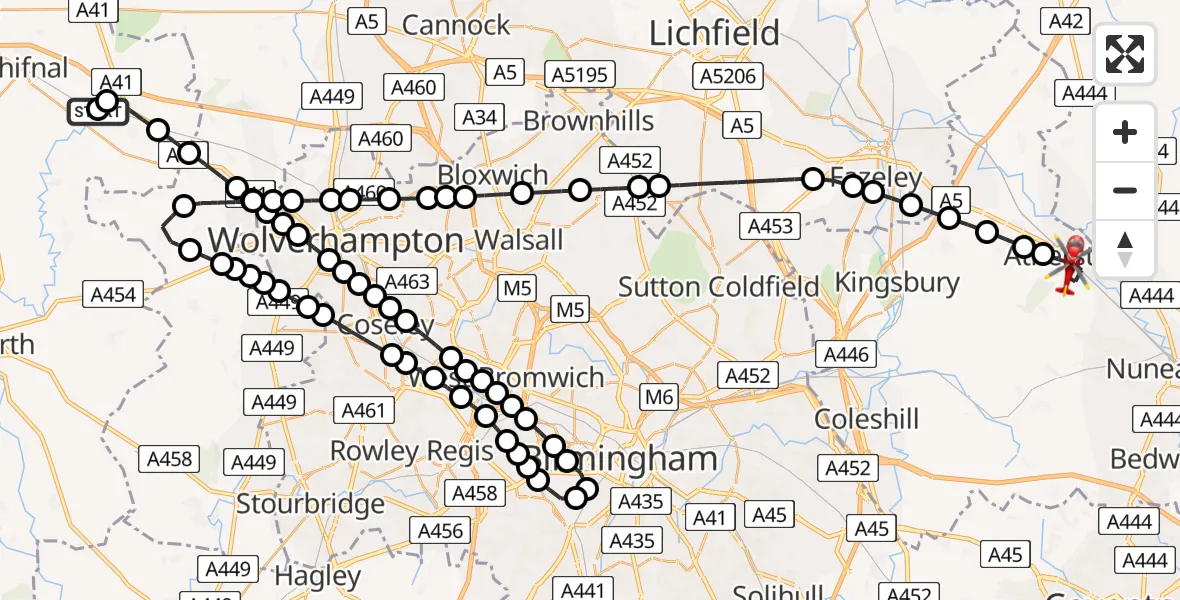 Flight route Air Ambulance Helicopter RAF Cosford - Atherstone, 15 May 2026, 14:01