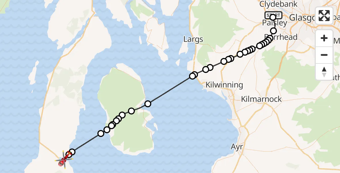 Flight route Air Ambulance Helicopter Glasgow Airport - Campbeltown, 15 May 2026, 14:04