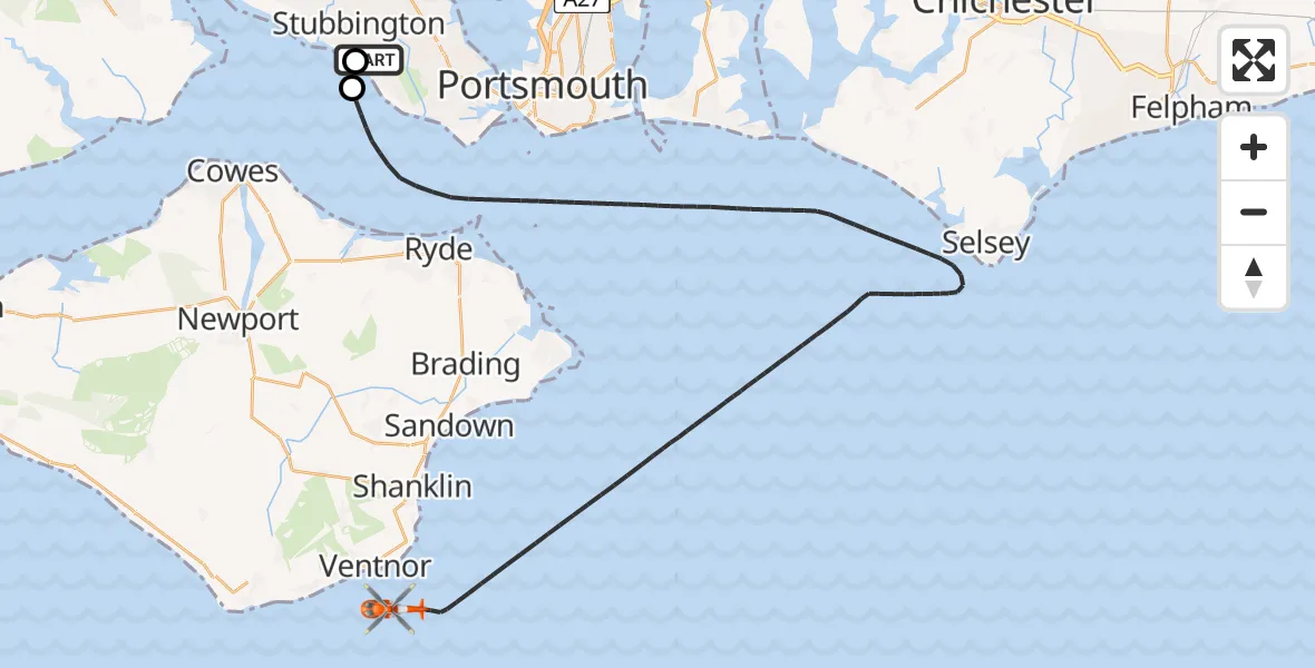 Flight route Coastguard Helicopter Solent Airport - English Channel, 15 May 2026, 14:06