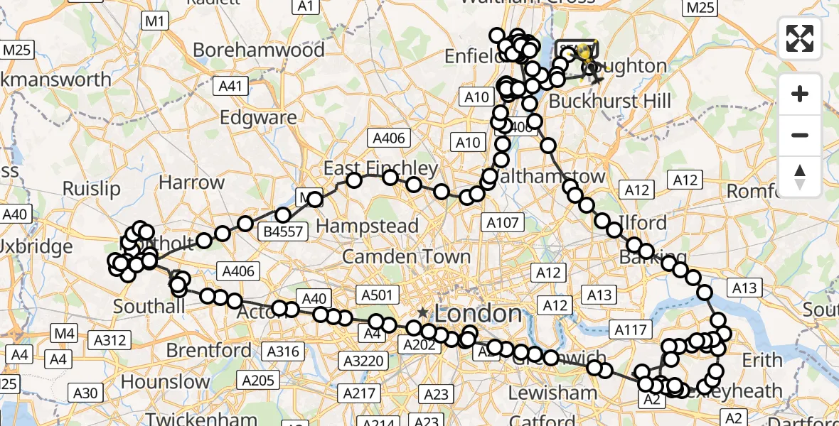Flight route Police Helicopter Metropolitan Police Air Support Unit Lippitts Hill - Sewardstonebury, 15 May 2026, 14:15