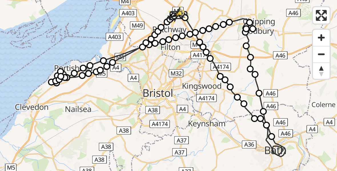 Flight route Police Helicopter Almondsbury Helicopter Base - Almondsbury Helicopter Base, 15 May 2026, 14:24