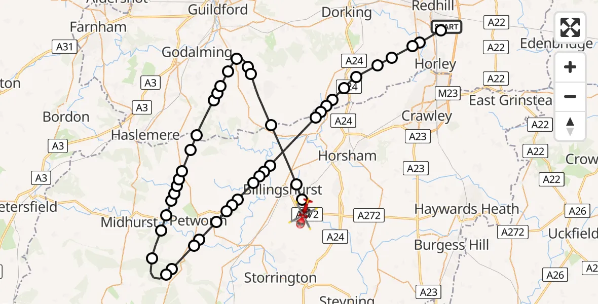 Flight route Air Ambulance Helicopter Redhill Aerodrome - Horsham, 15 May 2026, 14:29