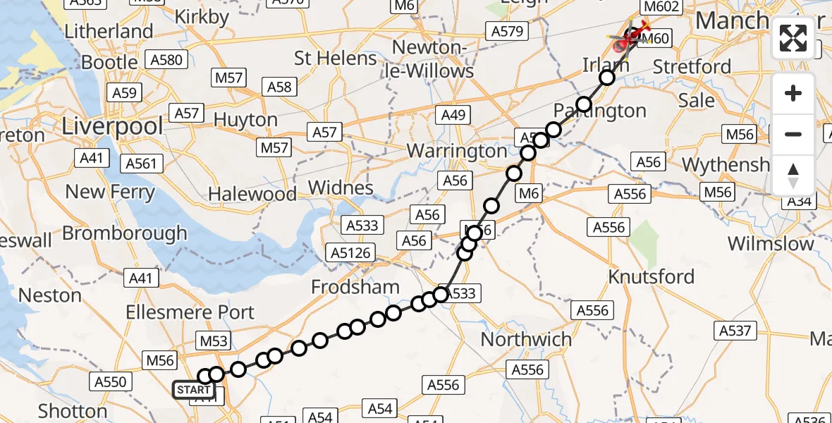 Flight route Air Ambulance Helicopter Moston - Manchester Barton Aerodrome, 15 May 2026, 14:30