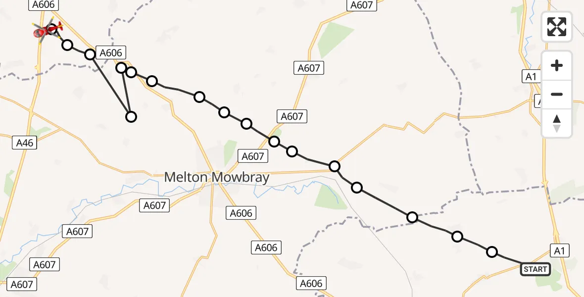 Flight route Air Ambulance Helicopter Greetham - Nottingham Heliport, 15 May 2026, 14:39