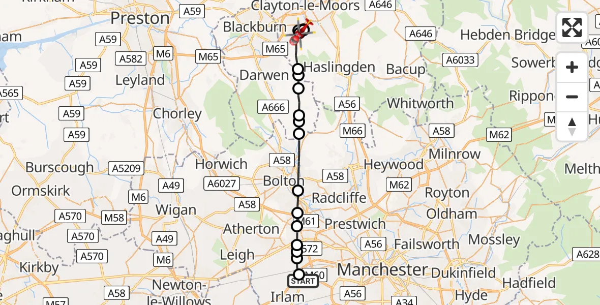 Flight route Air Ambulance Helicopter Manchester Barton Aerodrome - Broadfield, 15 May 2026, 14:46