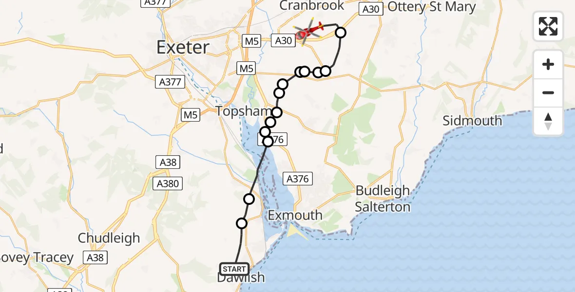 Flight route Air Ambulance Helicopter Dawlish - Exeter International Airport, 15 May 2026, 14:54