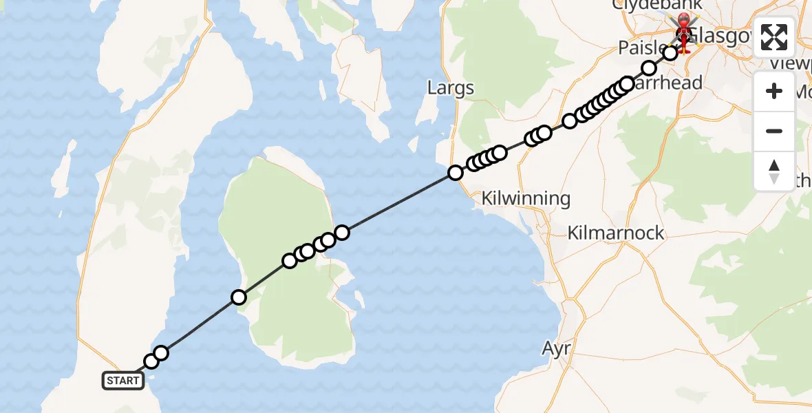 Flight route Air Ambulance Helicopter Campbeltown - Queen Elizabeth Hospital, 15 May 2026, 14:56