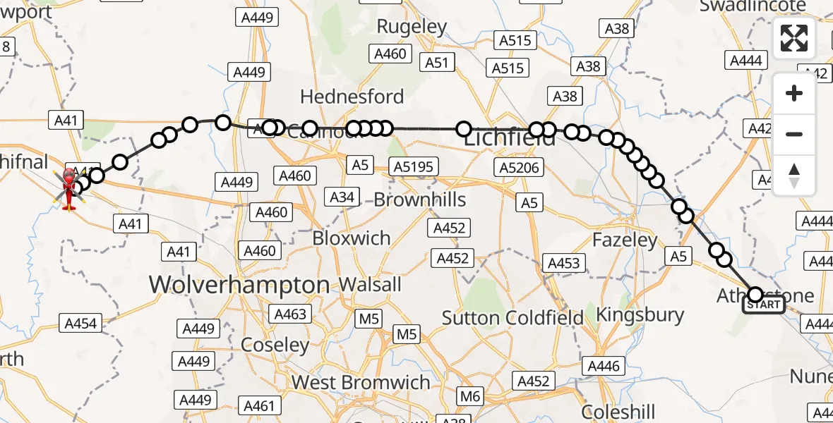 Flight route Air Ambulance Helicopter Atherstone - Tong, 15 May 2026, 14:58