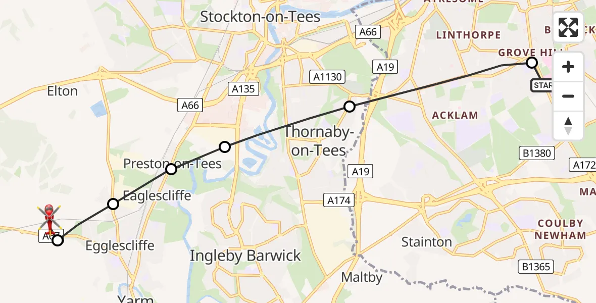 Flight route Air Ambulance Helicopter James Cook University Hospital - Egglescliffe, 15 May 2026, 15:14