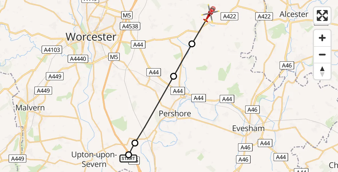 Flight route Air Ambulance Helicopter Hill Croome - Dormston, 15 May 2026, 15:19