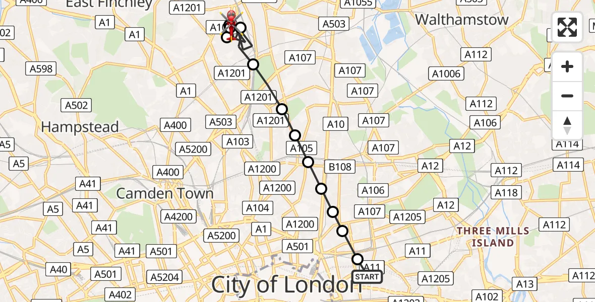 Flight route Air Ambulance Helicopter Royal London Hospital - Harringay, 15 May 2026, 15:19