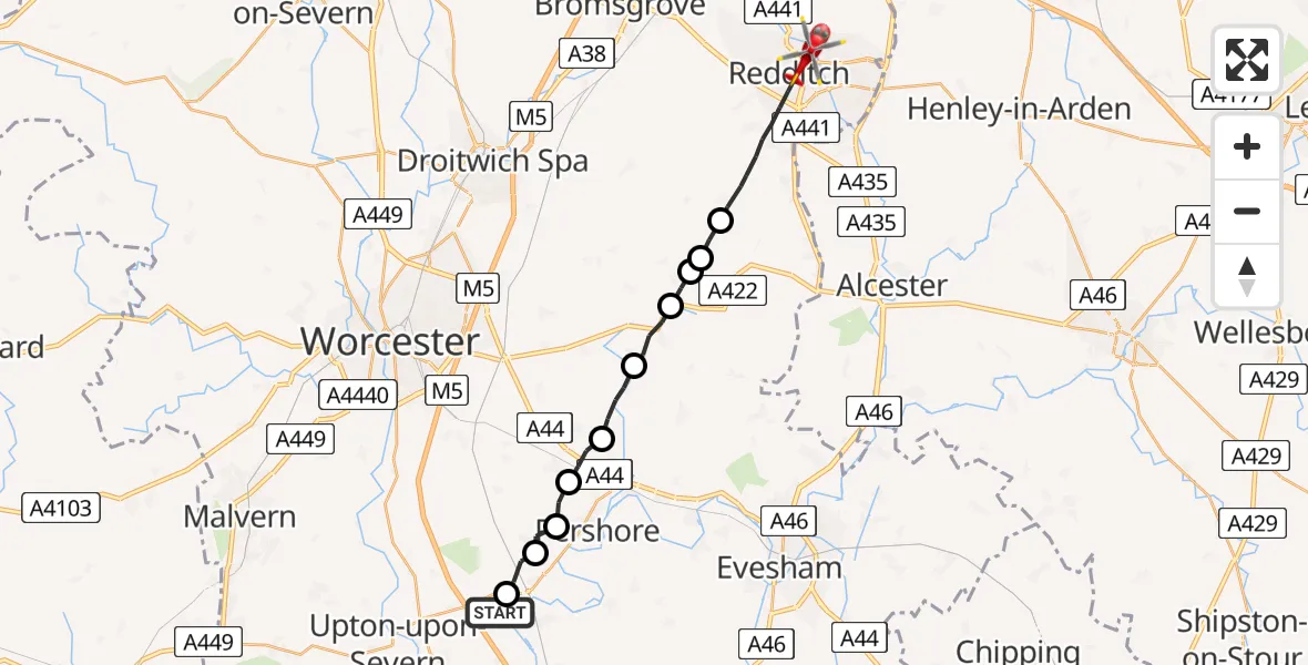Flight route Air Ambulance Helicopter Defford - Redditch, 15 May 2026, 15:19