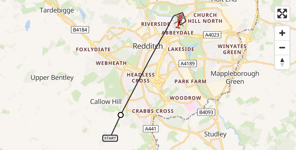 Flight route Air Ambulance Helicopter Redditch - Redditch, 15 May 2026, 15:26