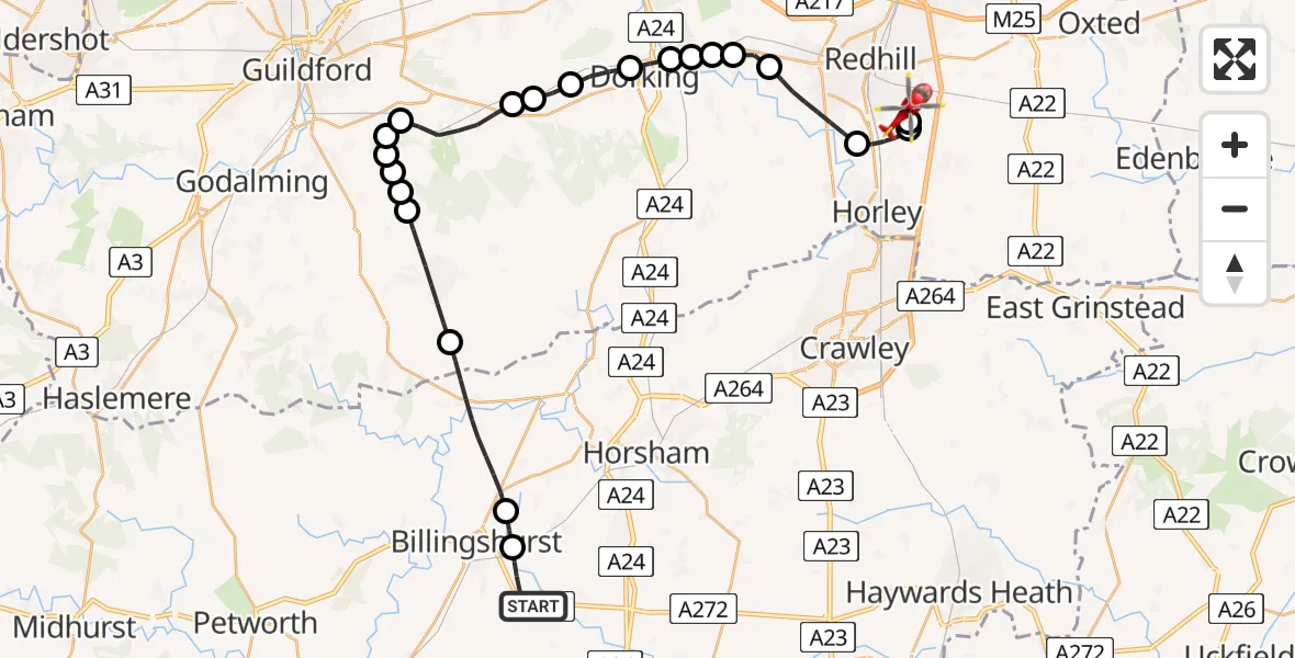 Flight route Air Ambulance Helicopter Horsham - Redhill Aerodrome, 15 May 2026, 15:34