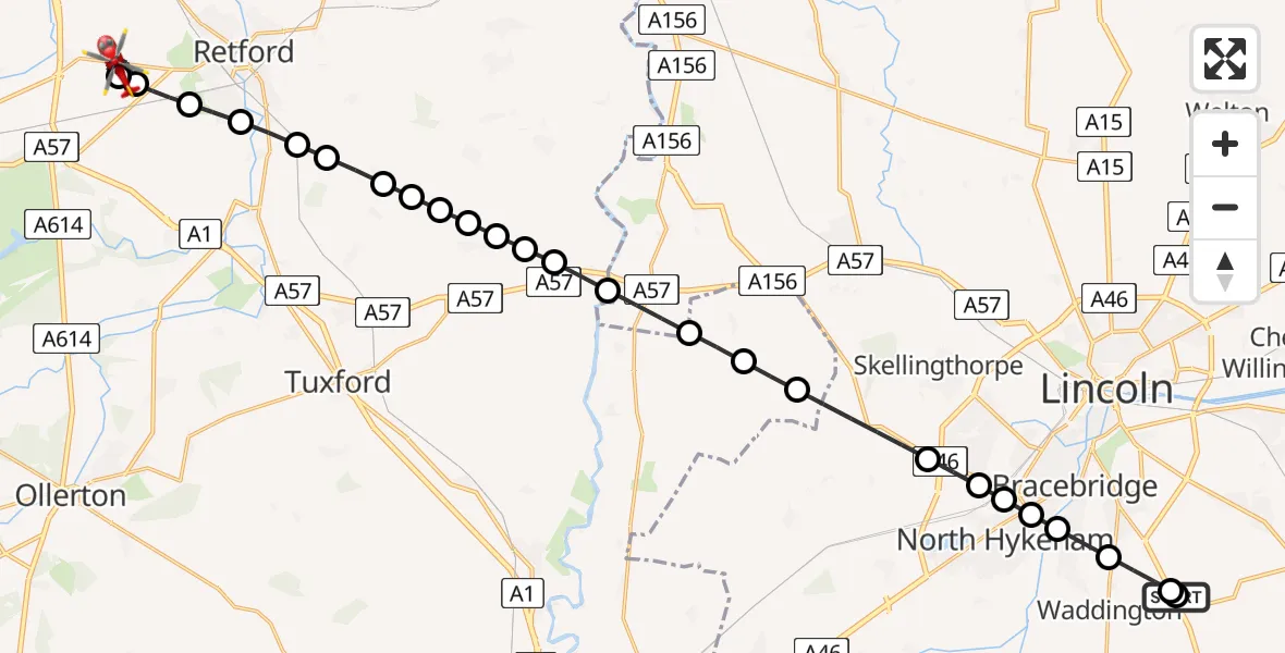 Flight route Air Ambulance Helicopter RAF Waddington - Ranby, 15 May 2026, 15:44