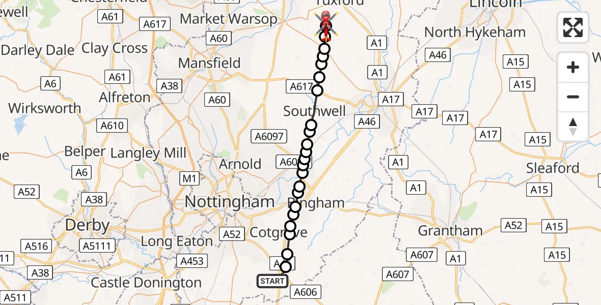 Flight route Air Ambulance Helicopter Widmerpool - Laxton, 15 May 2026, 15:47