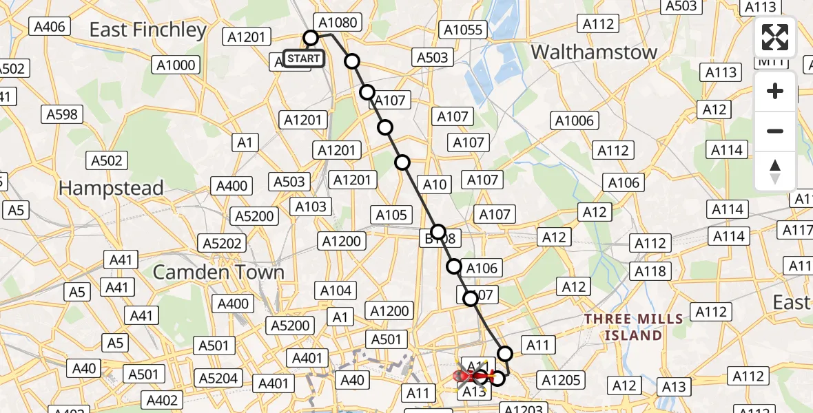 Flight route Air Ambulance Helicopter Hornsey - Royal London Hospital, 15 May 2026, 15:56