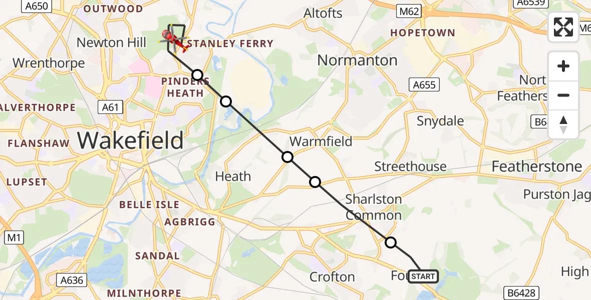 Flight route Air Ambulance Helicopter YAA Nostell Helicopter Port - Stanley, 15 May 2026, 15:59