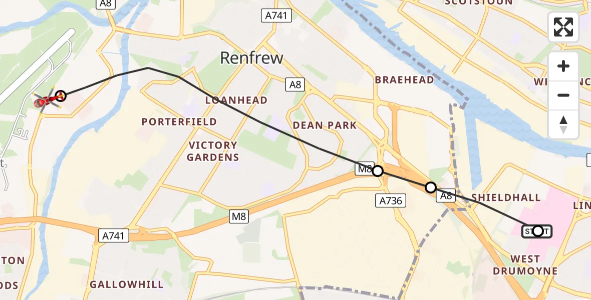 Flight route Air Ambulance Helicopter Queen Elizabeth Hospital - Paisley, 15 May 2026, 16:00