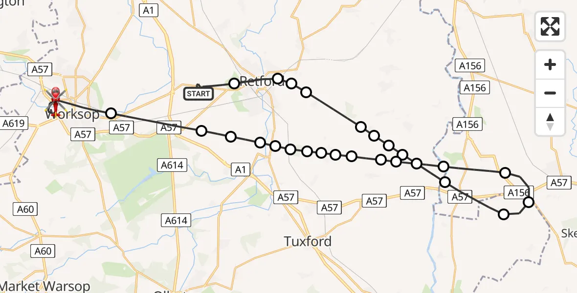 Flight route Air Ambulance Helicopter Ranby - Worksop, 15 May 2026, 16:02