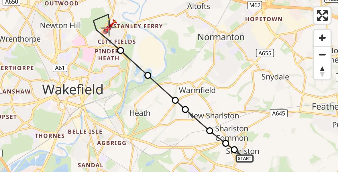 Flight route Air Ambulance Helicopter Sharlston - Stanley, 15 May 2026, 16:05