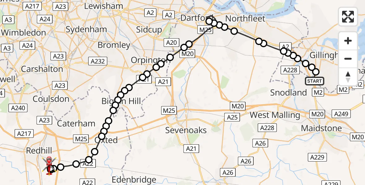 Flight route Air Ambulance Helicopter Rochester Airport - Redhill Aerodrome, 15 May 2026, 16:13