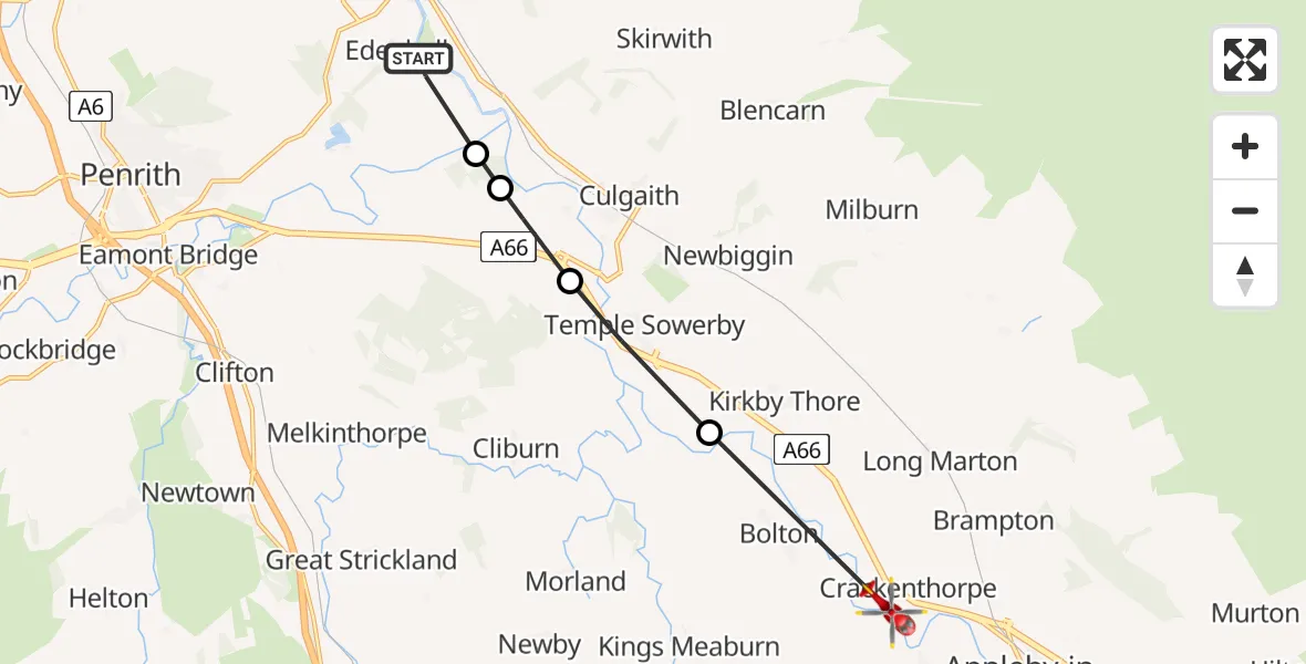 Flight route Air Ambulance Helicopter Edenhall - Crackenthorpe, 15 May 2026, 16:19