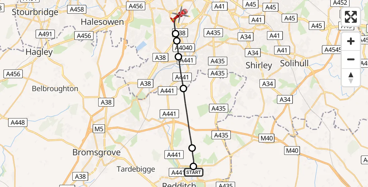 Flight route Air Ambulance Helicopter Redditch - Metchley, 15 May 2026, 16:22
