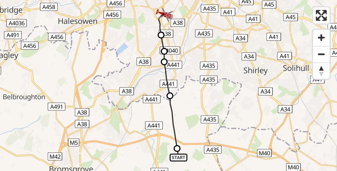 Flight route Air Ambulance Helicopter Bromsgrove - Metchley, 15 May 2026, 16:23