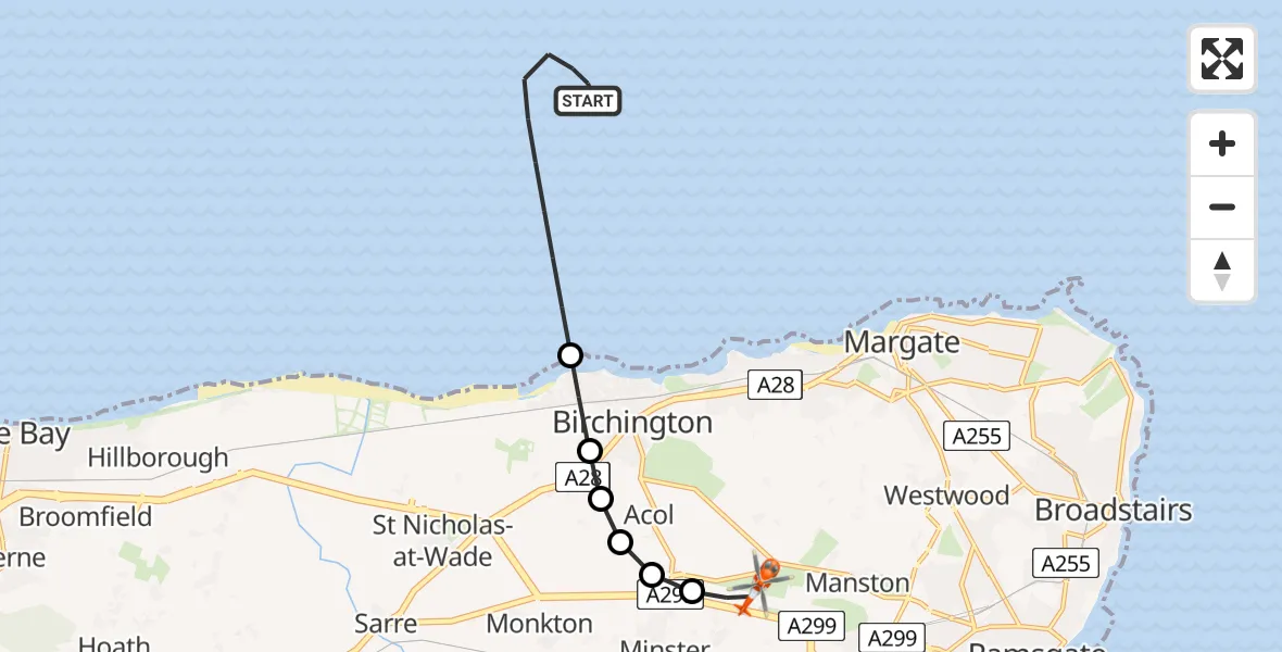 Flight route Coastguard Helicopter North Sea - Manston Airport, 15 May 2026, 16:32