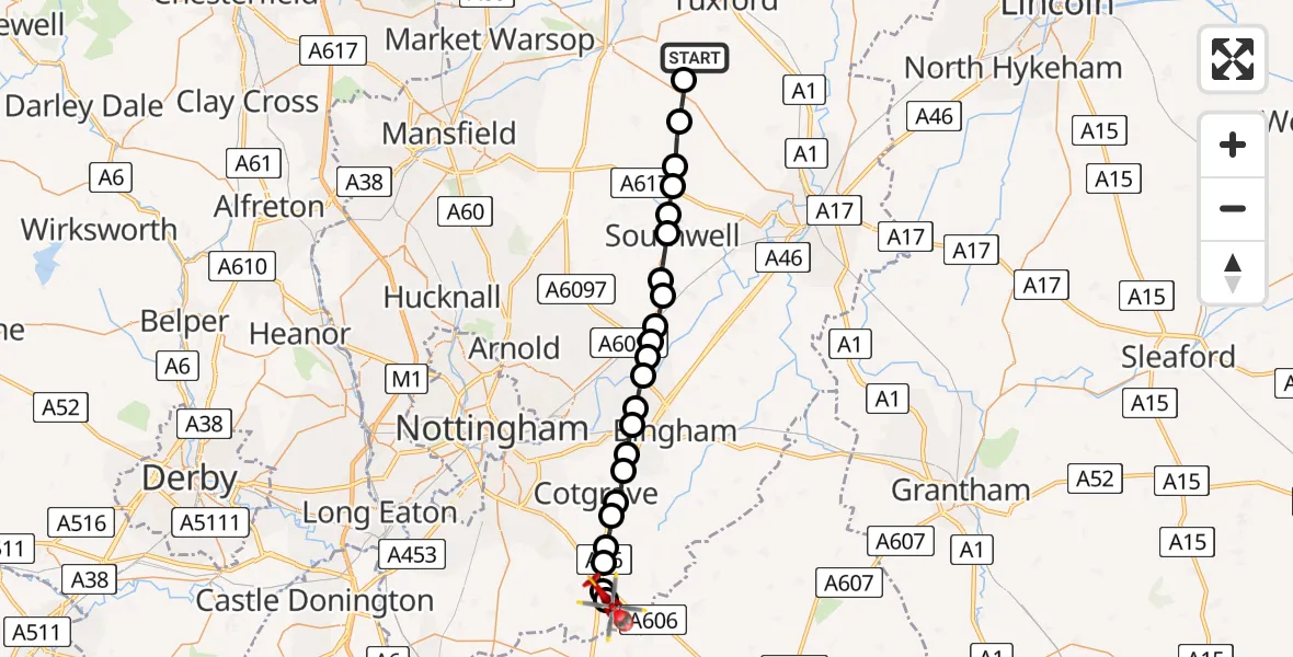 Flight route Air Ambulance Helicopter Laxton - Hickling, 15 May 2026, 16:33