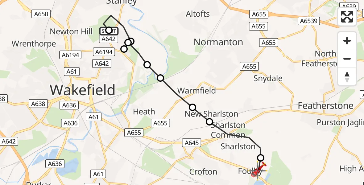 Flight route Air Ambulance Helicopter Stanley - YAA Nostell Helicopter Port, 15 May 2026, 16:41