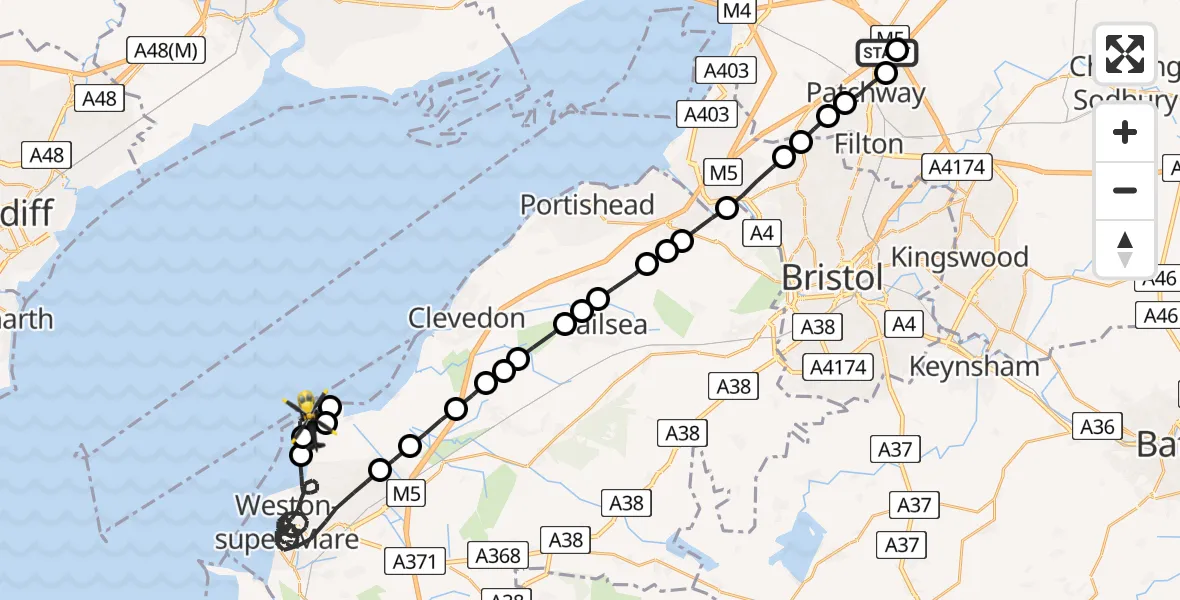 Flight route Police Helicopter Almondsbury Helicopter Base - Sand Bay, 15 May 2026, 16:45