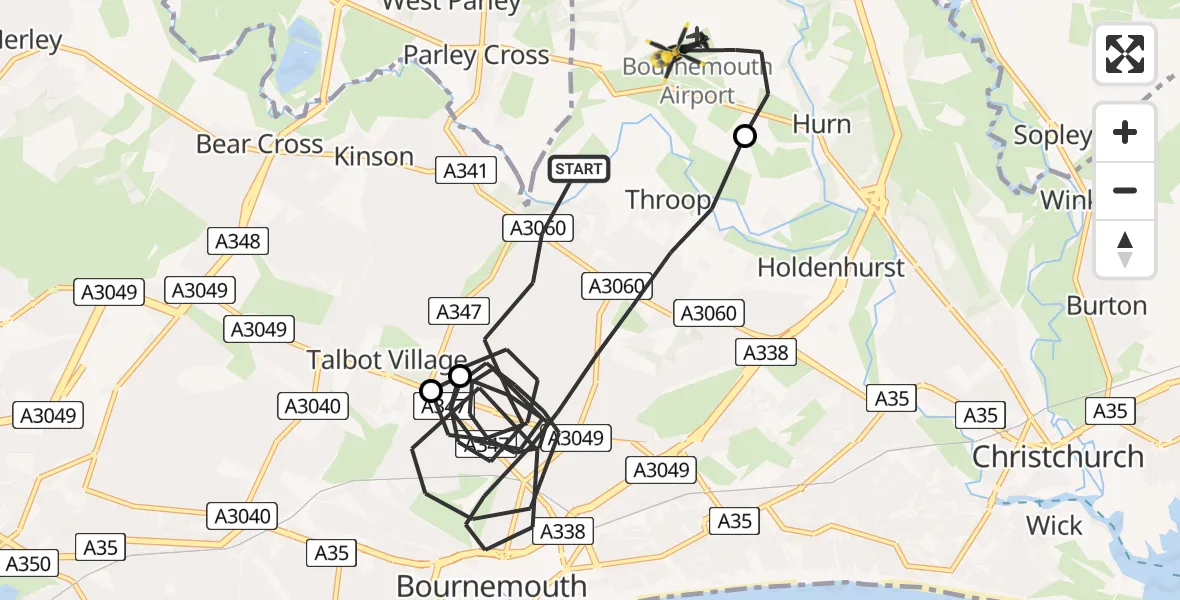 Flight route Police Helicopter Bournemouth - Bournemouth Airport, 15 May 2026, 16:49