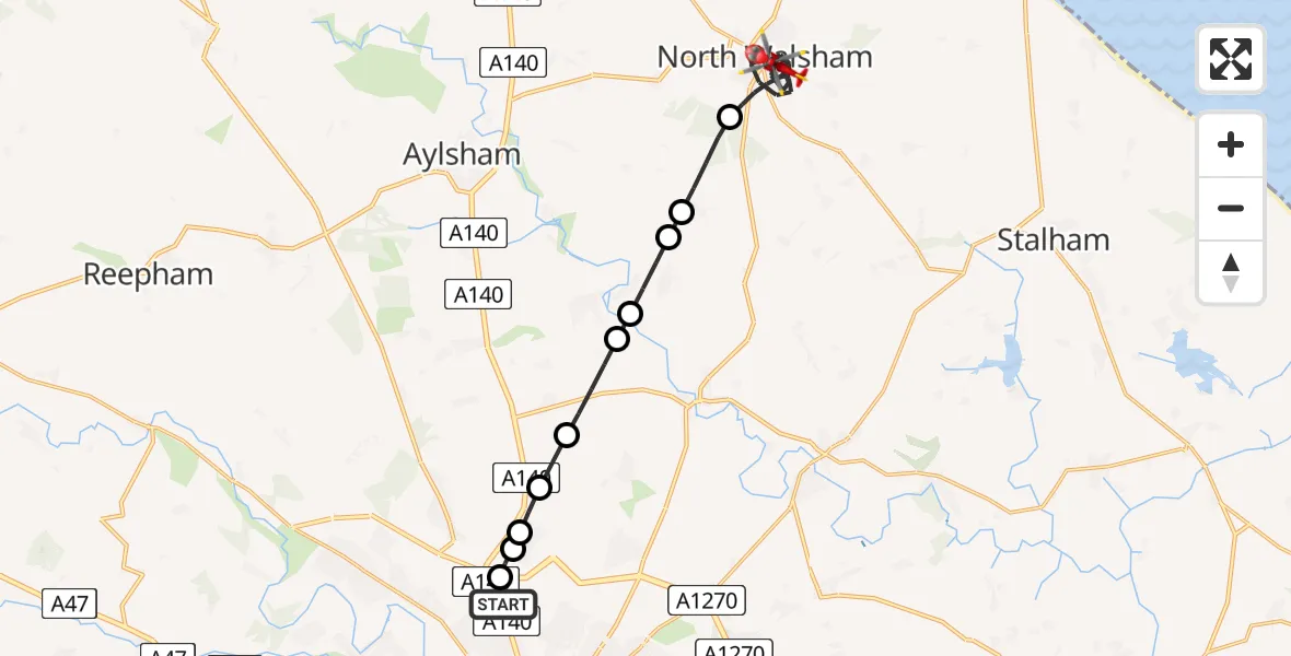 Flight route Air Ambulance Helicopter Norwich Airport - North Walsham, 15 May 2026, 16:51