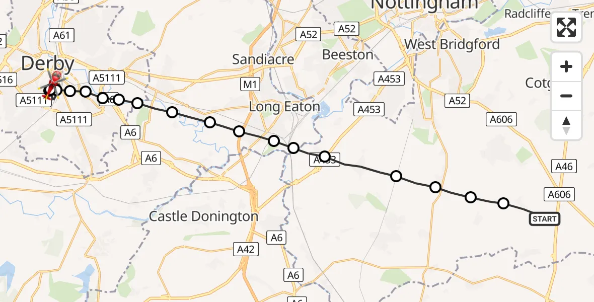 Flight route Air Ambulance Helicopter Widmerpool - Osmaston, 15 May 2026, 16:55