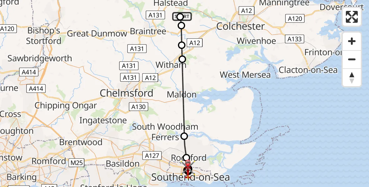 Flight route Air Ambulance Helicopter Earls Colne Airfield - Prittlewell, 15 May 2026, 17:02