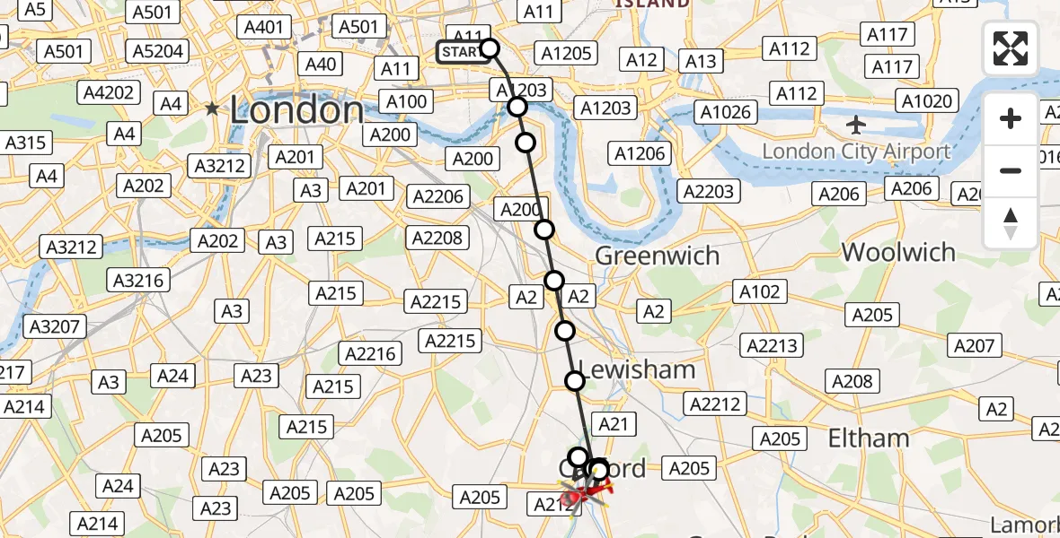Flight route Air Ambulance Helicopter Royal London Hospital - Honor Oak, 15 May 2026, 17:05