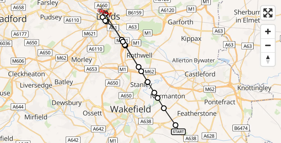 Flight route Air Ambulance Helicopter YAA Nostell Helicopter Port - Woodhouse, 15 May 2026, 17:07
