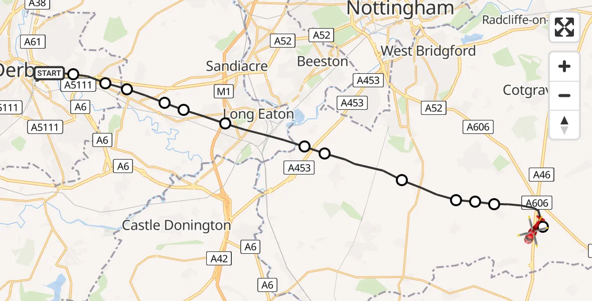 Flight route Air Ambulance Helicopter Pride Park - Nottingham Heliport, 15 May 2026, 17:15