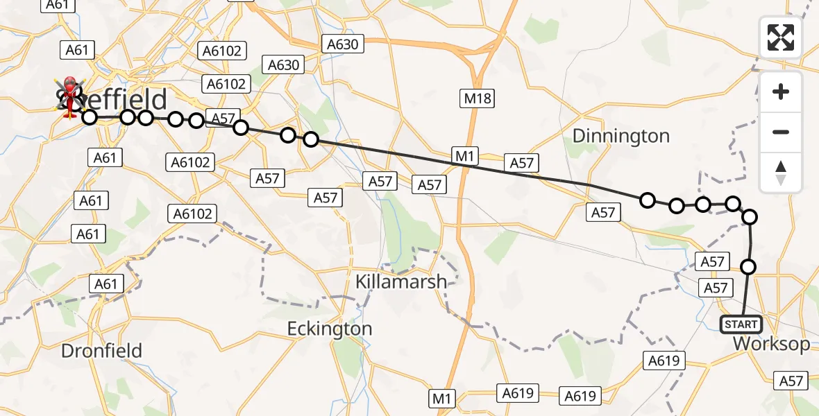 Flight route Air Ambulance Helicopter Worksop - Sheffield Childrens Hospital, 15 May 2026, 17:15