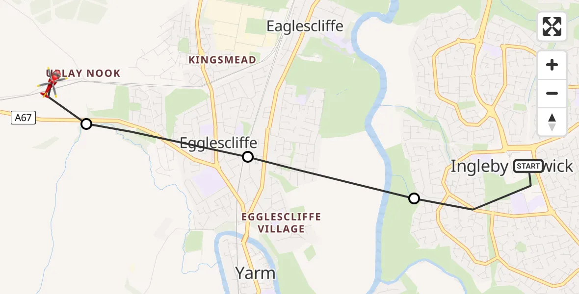 Flight route Air Ambulance Helicopter Ingleby Barwick - Egglescliffe, 15 May 2026, 17:19