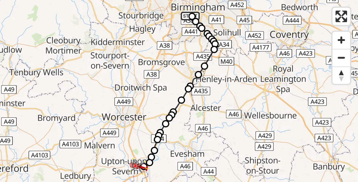 Flight route Air Ambulance Helicopter Metchley - Upper Strensham, 15 May 2026, 17:24
