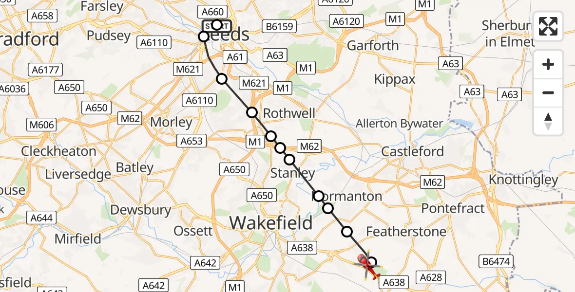 Flight route Air Ambulance Helicopter Woodhouse - YAA Nostell Helicopter Port, 15 May 2026, 17:27